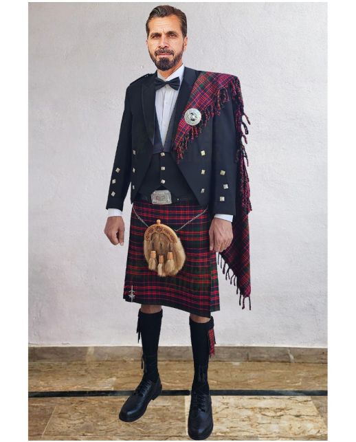 Prince Charlie Kilt Outfit With MacDonald Modern Tartan Kilt, Black color for Male