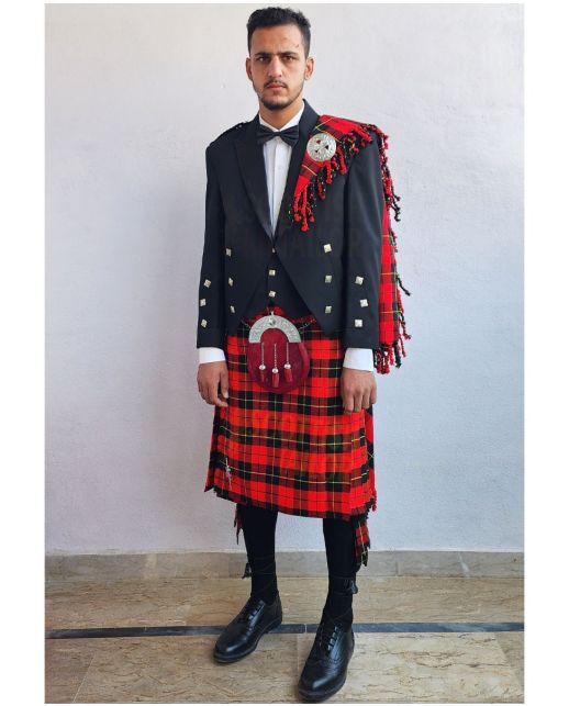 Prince Charlie Kilt Outfit With Wallace Red Tartan Kilt, Black color for Male