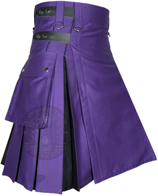 Purple and black hybrid kilt right side view with cargo pocket