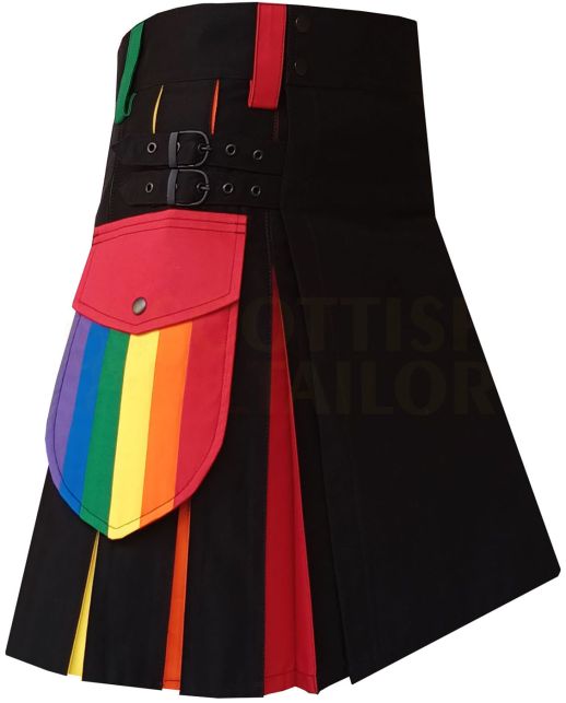 Rainbow Hybrid Box Pleated Kilt, Black color for Male