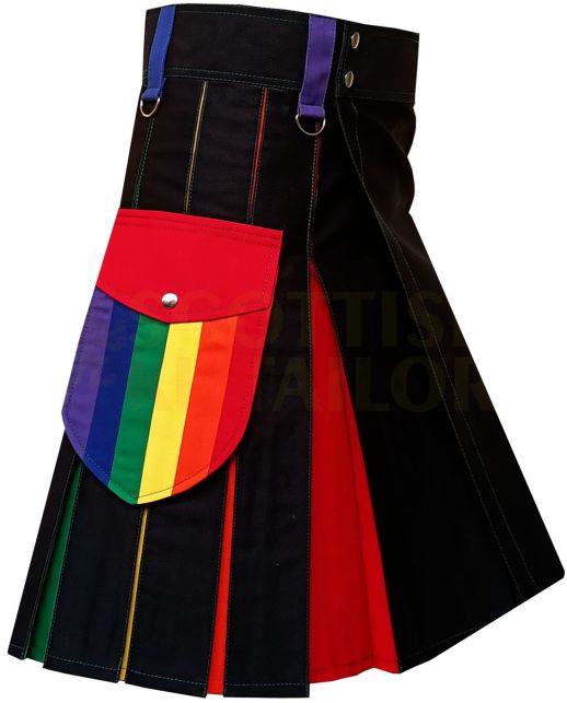 Rainbow Hybrid Kilt With Cargo Pocket, Black color for Male