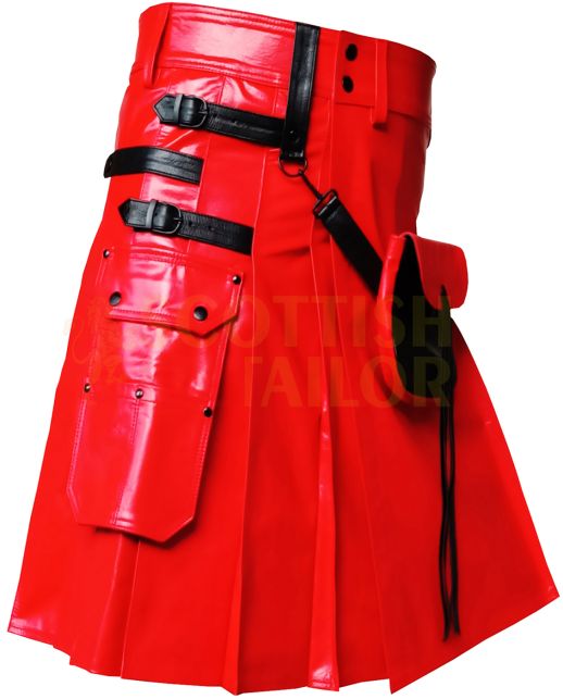 Red Cow Leather Utility Kilt With Front Sporran, Red color for Male