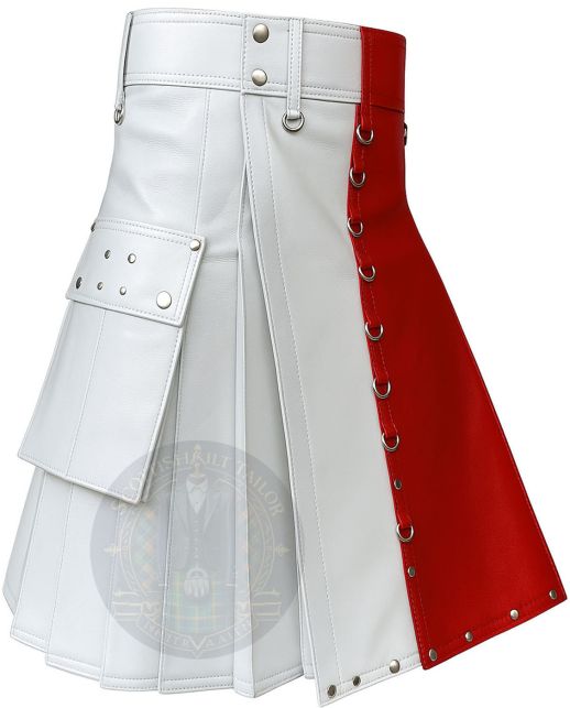Red and White Gothic Leather Utility Kilt right side view with cargo pocket and pleated leather design