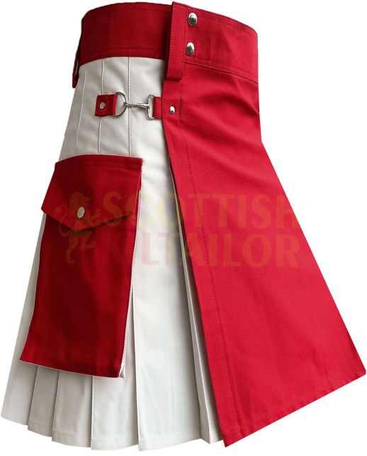 Red & White Premium Utility Kilt, White color for Male