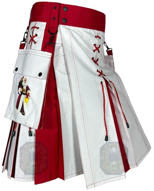 Red and white Santa hybrid kilt right side view with lace design
