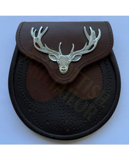Stag Head Brogue Design Brown Leather Kilt Sporran