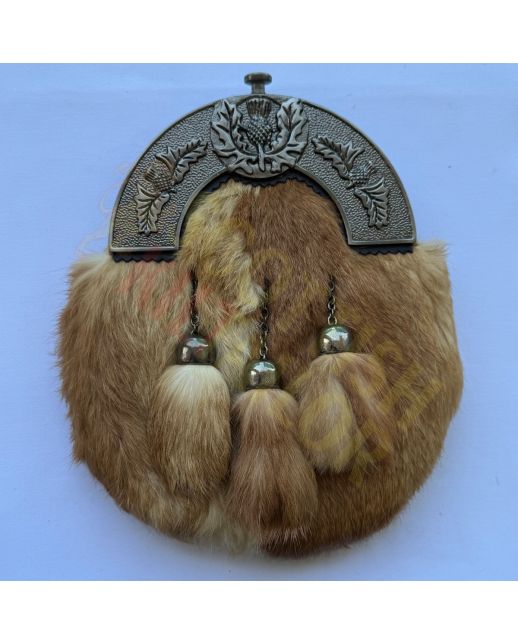 Tan Rabbit Fur Sporran Thistle Antique Finish