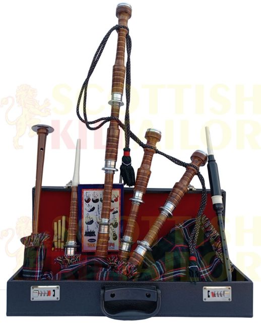 Scottish National Tartan Bagpipe Set Brown & Silver Finish With Hard Case, Brown color for Male