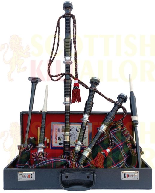 Scottish National Tartan Black With Silver Finish Bagpipe Set With Hard Case, Black color for Male