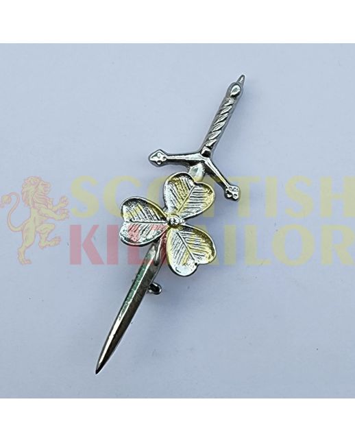 Shamrock Badge Silver Kilt Pin, Silver color for Male