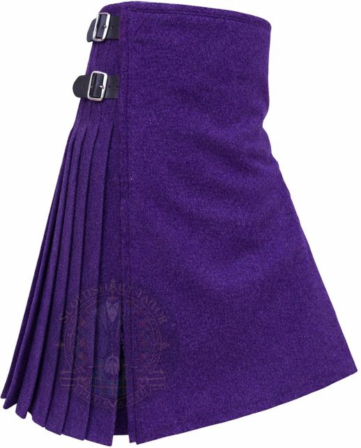 Solid Purple Wool Kilt right side view showing flowing wool pleats and rich deep purple texture