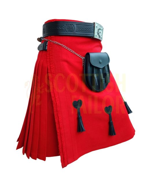 Solid Red Modern Tartan Kilt With Belt Buckle And Sporran, Red color for Male