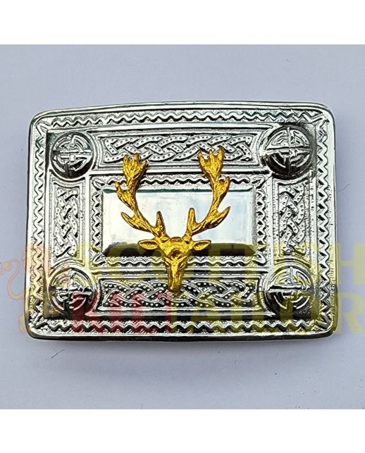 Stag Head Gold Badge Silver Kilt Belt Buckle, Silver color for Male