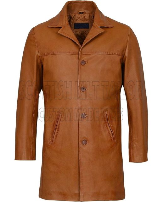 Tan Brown Leather Trench Coat For Men