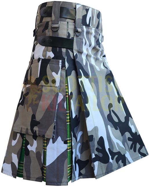 Urban Camo Hybrid Kilt With Irish Green Tartan, Green color for Male