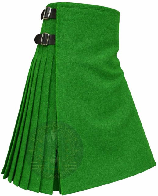 Vibrant Green Wool Kilt right side view showing flowing wool pleats and rich vibrant green texture