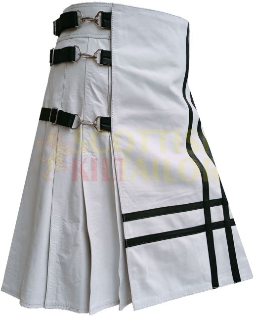 White Cow Leather Utility Kilt Without Pocket, White color for Male
