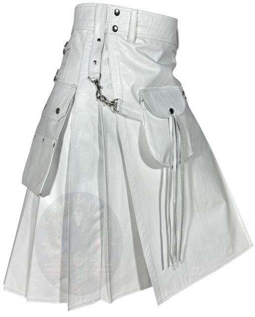 White Leather Kilt With Front Sporran right side view showing functional utility pocket and premium pleated leather design
