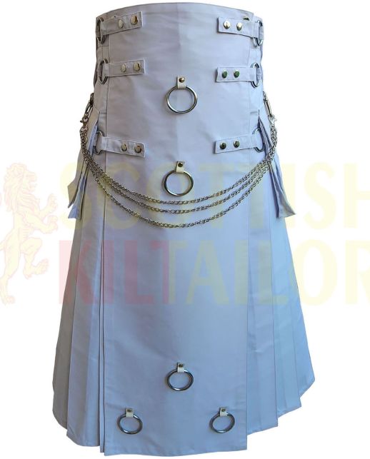 White Long Premium Utility Fashion Kilt, White color for Male