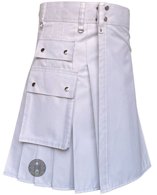 White Cotton Utility Kilt Featuring Cargo Storage Pockets