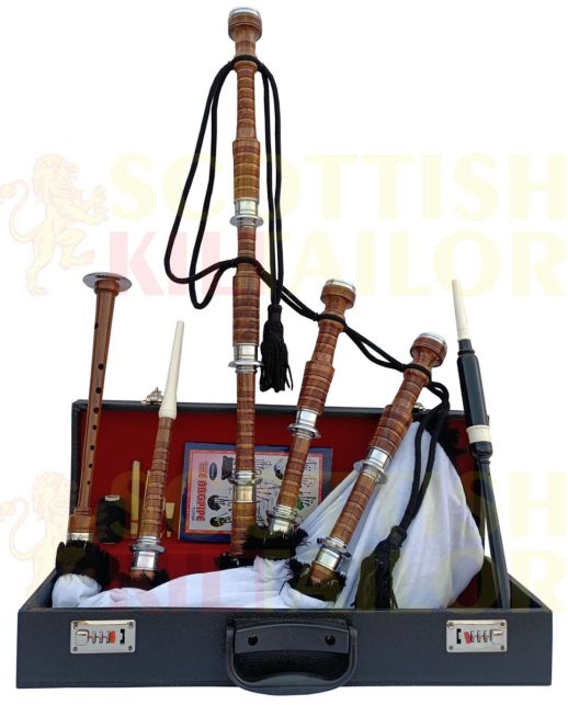 White Velvet Bagpipe Set Brown & Silver Finish With Hard Case, Brown color for Male