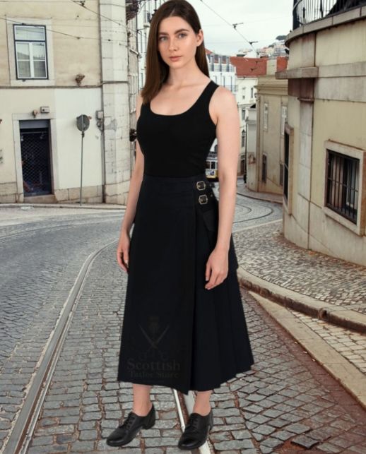 Women Long Black Utility Kilt - Scottish women vlack skirt