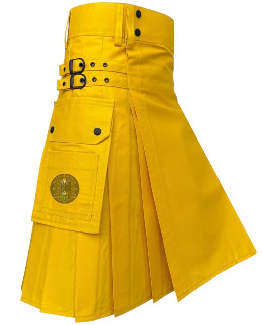 Left View Yellow Utility Kilt With Cargo Pocket & Buckle Straps