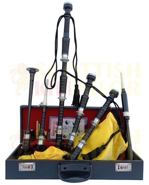 Yellow Velvet Bagpipe Set Silver & Black Finish With Hard Case, Yellow color for Male