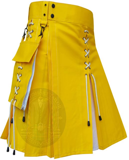 Yellow white hybrid kilt right side view with lace detail