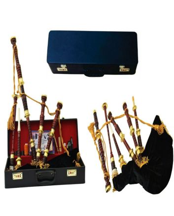 Black Velvet Bagpipe Set Brown & Gold Finish With Hard Case, Black color for Male