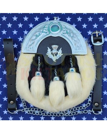 Black & White Rabbit Fur Full Dress Kilt Sporran, White color for Male