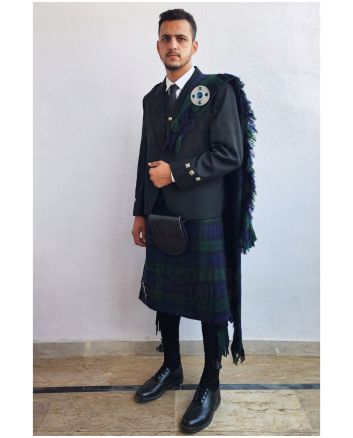Black Agyll Kilt Outfit With Black Watch Tartan Kilt, Black color for Male