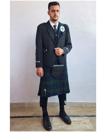 Black Agyll Kilt Outfit With Black Watch Tartan Kilt, Black color for Male