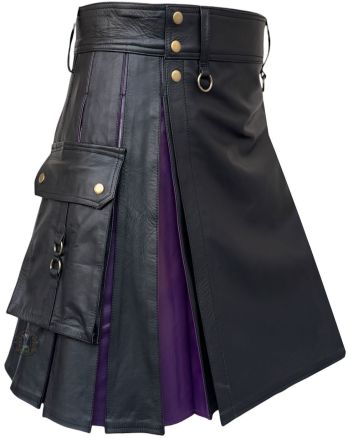 Black and Purple Leather Hybrid Utility Kilt For Men