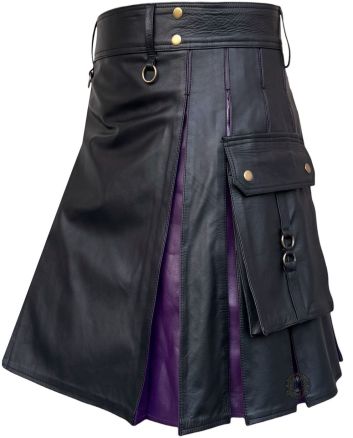 Black and Purple Leather Hybrid Utility Kilt For Men