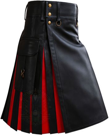 Black and Red Leather Utility Hybrid Cargo Kilt right side view with cargo pocket and pleated hybrid kilt design