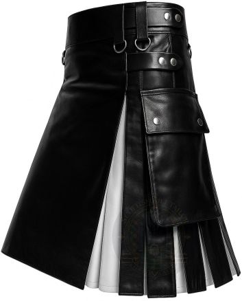 Black and White Hybrid Pleated Fashion Kilt right side view with utility pocket and contrasting pleated design
