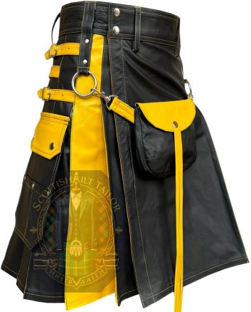 Black & Yellow Leather Kilt With Front Sorran