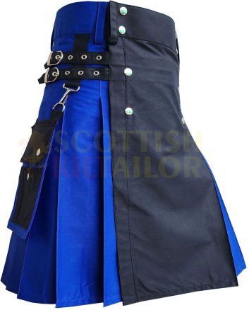 Black & Blue Detachable Pocket Utility Hybrid Kilt, Black color for Male