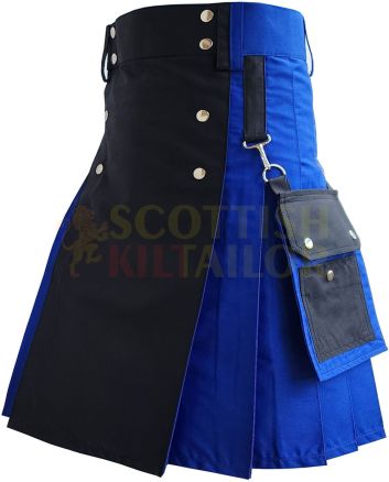 Black & Blue Detachable Pocket Utility Hybrid Kilt, Black color for Male