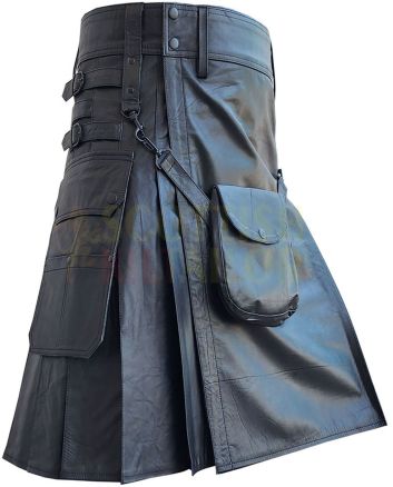 Black Cow Leather Kilt With Front Sporran, Black color for Male