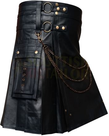 Black Cow Leather Utility Fashion Kilt, Black color for Male