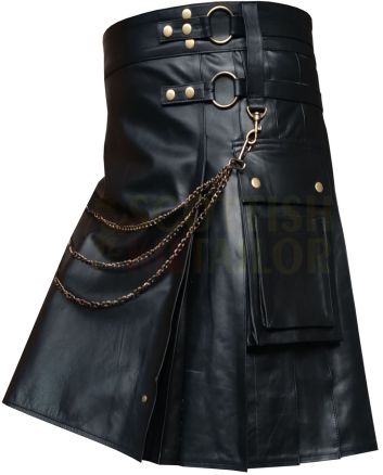 Black Cow Leather Utility Fashion Kilt, Black color for Male