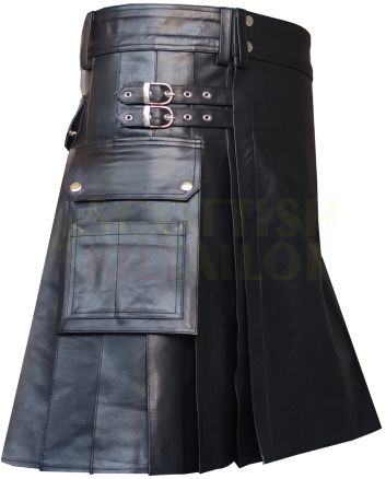 Black Cow Leather Utility Kilt Cargo Pockets, Black color for Male