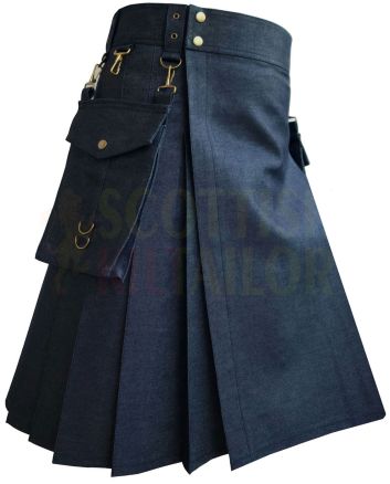 Black Denim Detachable Pockets Kilt