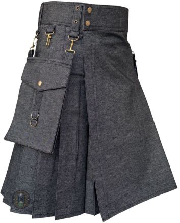 Black Denim Detachable Pockets Utility Kilt