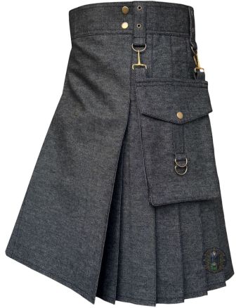 Black Denim Detachable Pockets Utility Kilt