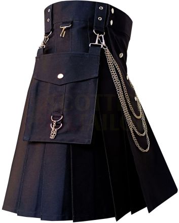 Black Detachable Pocket Utility Fashion Kilt, Black color for Male