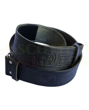Black Embossed Leather Kilt Belt, Black color for Male