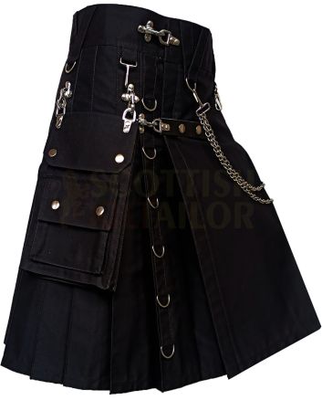 Black Gothic Utility Fashion Kilt, Black color for Male